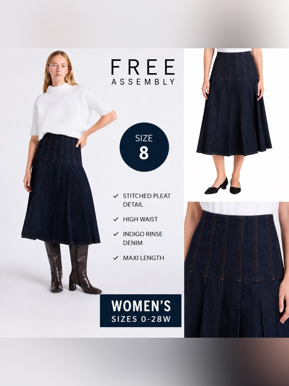 NWT Free Assembly Dark Blue Stitched Pleat Denim Maxi Skirt Size 8